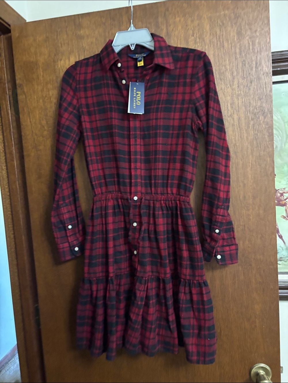 Polo by Ralph Lauren Red and Black Plaid Tiered Shirt Dress with Collared Neck